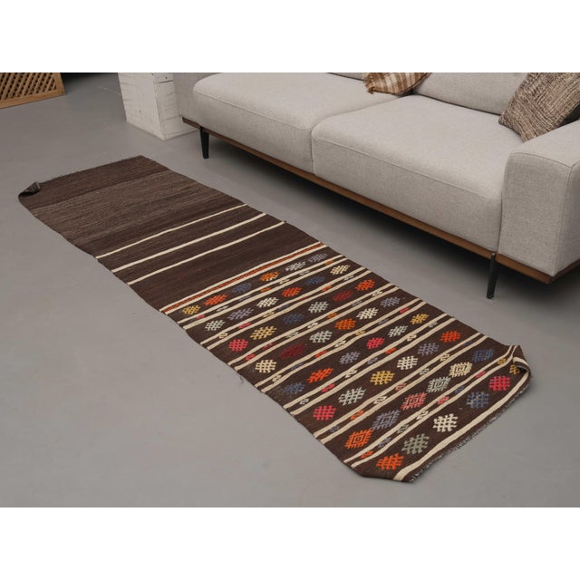 1970s Vintage Handmade Wool Cotton Brown Kilim Runner Rug For Sale - Image 4 of 11