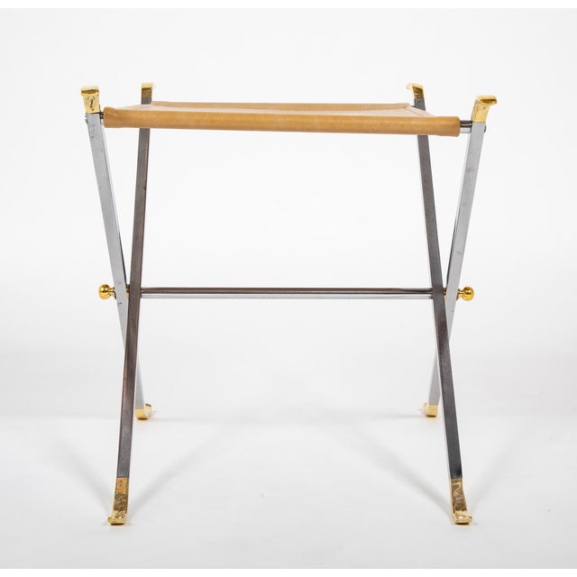 Mid 20th Century Pair Maison Jansen Style Polished Steel and Brass X-Stools With Leather Seats For Sale - Image 5 of 7