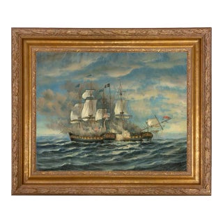 "Battle Between Uss Constitution and Hms Guerriere" Contemporary Nautical Canvas Reproduction Print, Framed 21.75x25.75 For Sale