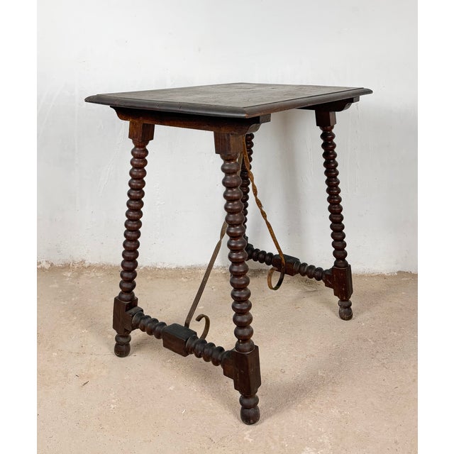 Spanish Barley Twist Side Table with Wrought Iron Stretchers, 1930s For Sale - Image 6 of 11