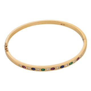 Vintage Diamond Ruby Emerald Sapphire 14k Yellow Gold Bangle For Sale