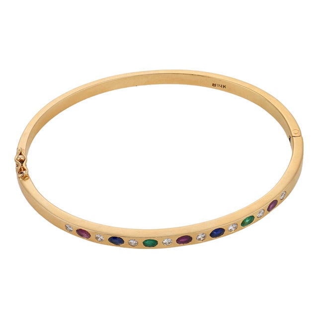 Vintage Diamond Ruby Emerald Sapphire 14k Yellow Gold Bangle For Sale