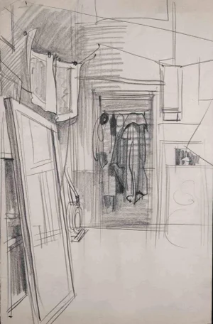 Sketch of an Interior, Original Drawing, Mid 20th-Century