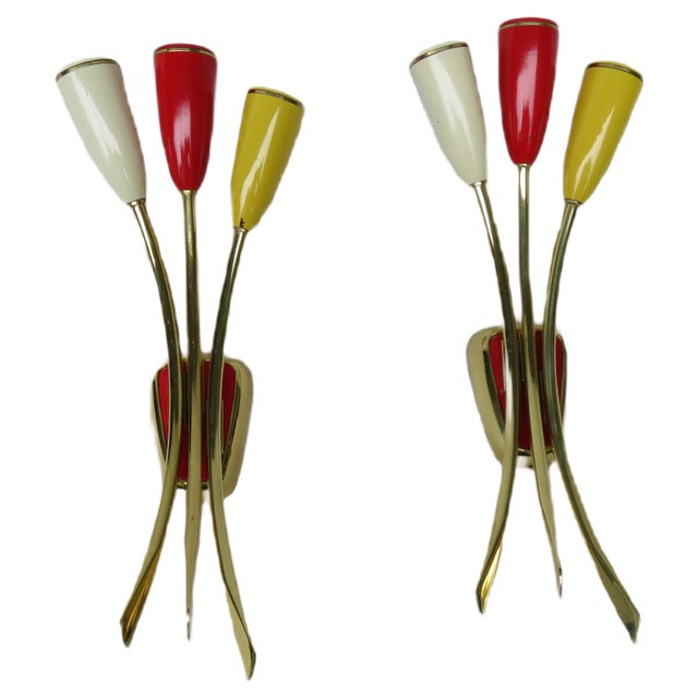 Italian Three-Light Wall Lamps, 1950s, Set of 2 For Sale