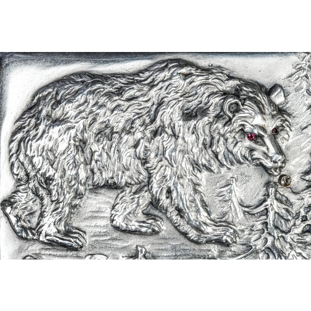 Exceptional Art Nouveau Antique Cigarette Case 875 Sterling Silver Bear Design Ruby Eyes Diamond Accent For Sale - Image 4 of 18