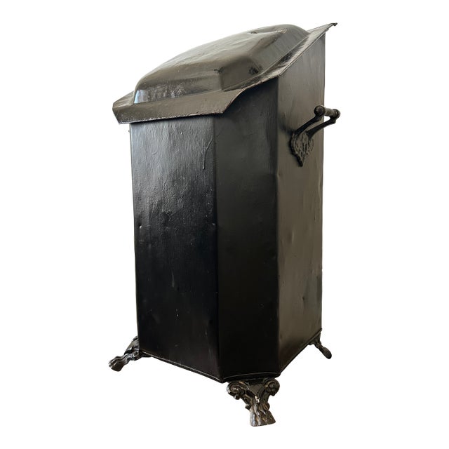 Antique Victorian Black Tin Tole Fireplace Coal Scuttle Bin For Sale