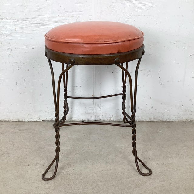 Vintage Wrought Iron Vanity Stool With Twisted Legs and Upholstered Seat For Sale - Image 12 of 12