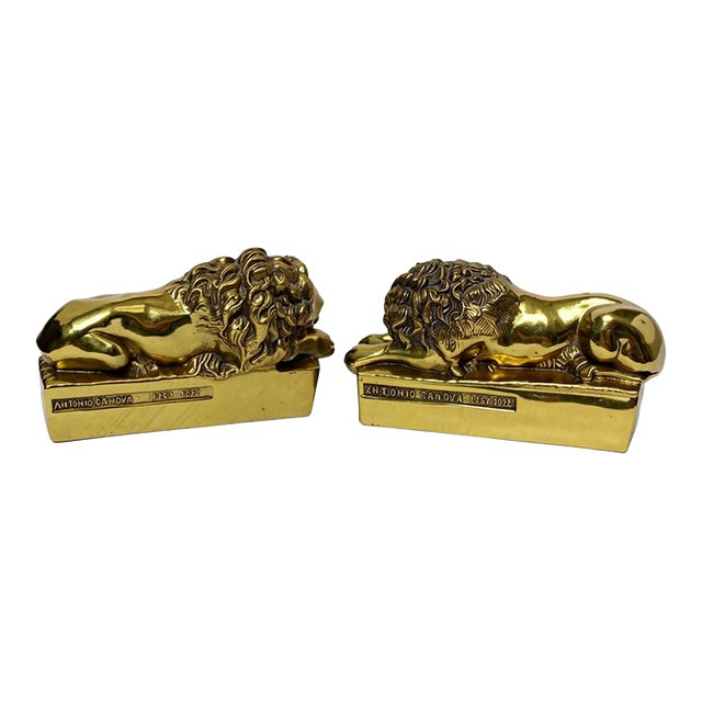 Mid 20th Century Solid Cast Brass Antonio Canova Lion Bookends - A Pair For Sale