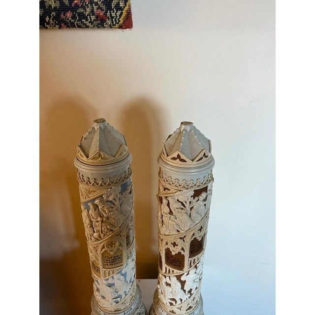 RARE Pair Antique V&B Mettlach 16" Relief Tower Steins #168 Medieval Scene For Sale - Image 11 of 11