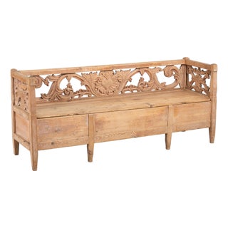 1868 Swedish Carved Pine Storage Bench With Heart Detail For Sale