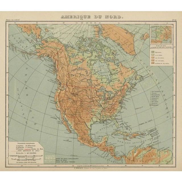Antique Map of North America – Physical Relief Map by Hachette c.1883 : This antique map titled “Amérique du Nord” was...