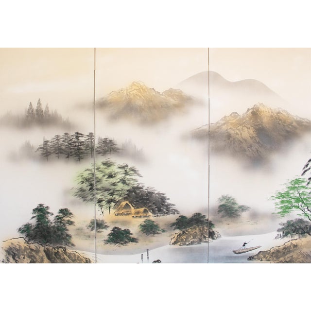 Large Showa Era Japanese Byobu Screen "Mountain Landscape With River" For Sale In Dallas - Image 6 of 18