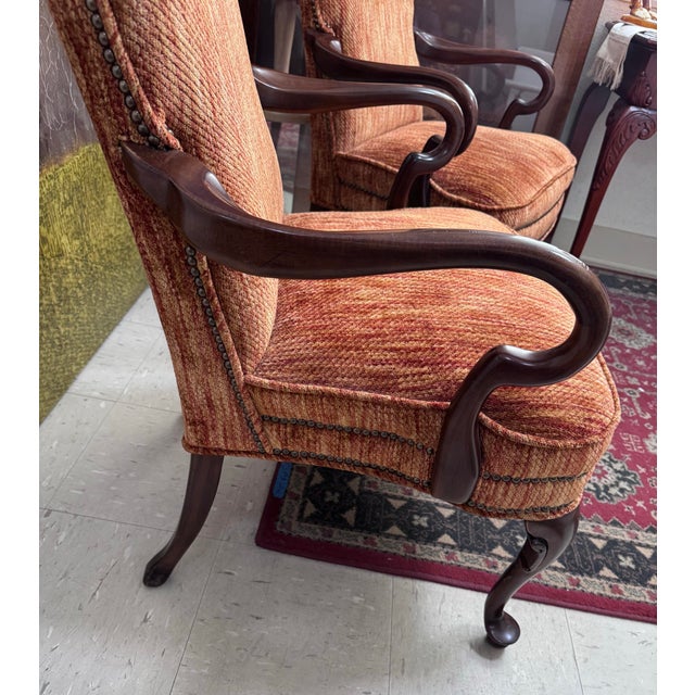 French Country Pair of Custom Upholstered Queen Anne Style Lounge Chairs in Cinnamon Cut Velvet For Sale - Image 3 of 10