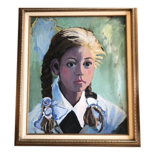 Original Vintage Pop Portrait Big Eyed Girl 1970’s Painting Framed For Sale