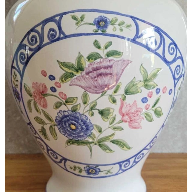 Vintage MCM Portugal Pink Blue Floral Scrolls 14" Canister Ginger Jar For Sale In Houston - Image 6 of 6