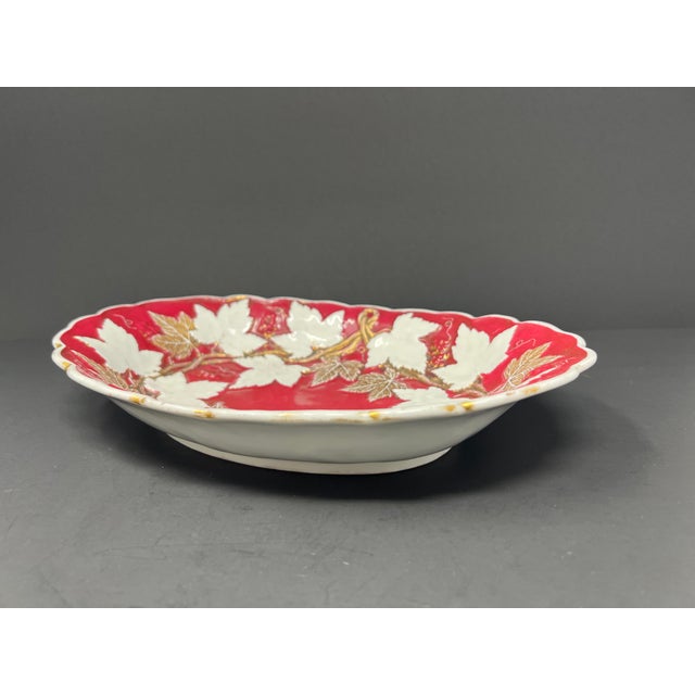 Antique Hand-Painted Bavarian Porcelain Cranberry & Gilt Botanical Serving Dish c.1900 For Sale - Image 4 of 8
