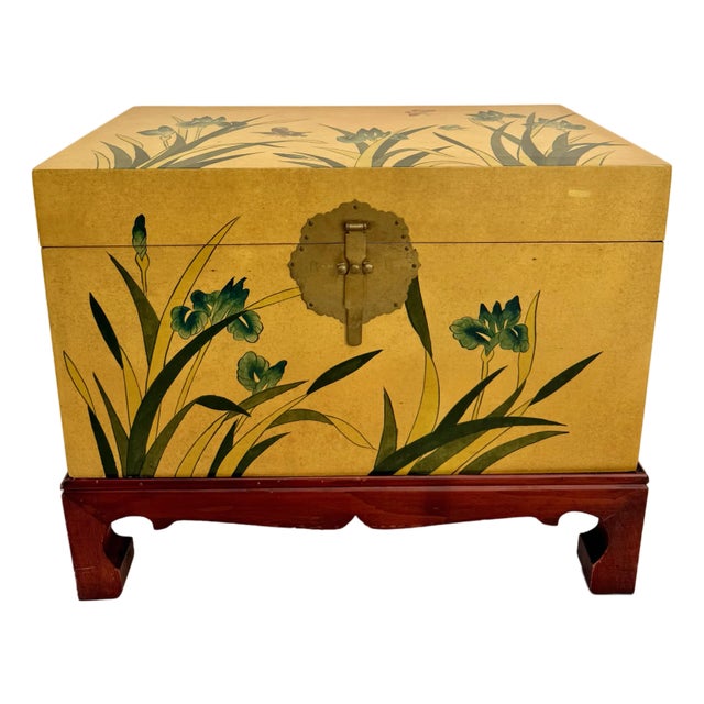 Japanese Lacquered Chest Trunk on Stand With Floral and Butterfly Motifs For Sale