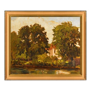 Late 20th Century Along the Cam Oil Painting, Barry McCuan For Sale