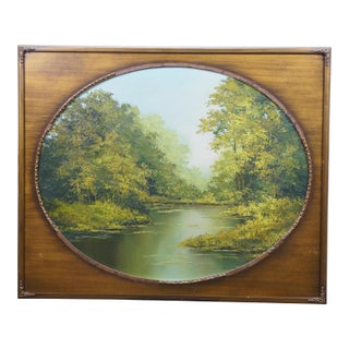 Late 20th Century Griselda Gil De La Torre Impressionist Forest River Landscape Oil Painting 34" For Sale