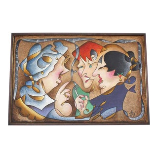 Vintage Mid Century "Gossipers" Acrylic Painting by Andrei Hudiakoff For Sale