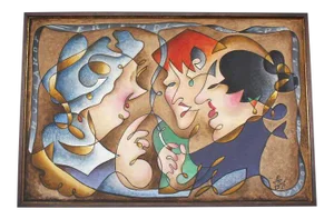 Vintage Mid Century "Gossipers" Acrylic Painting by Andrei Hudiakoff