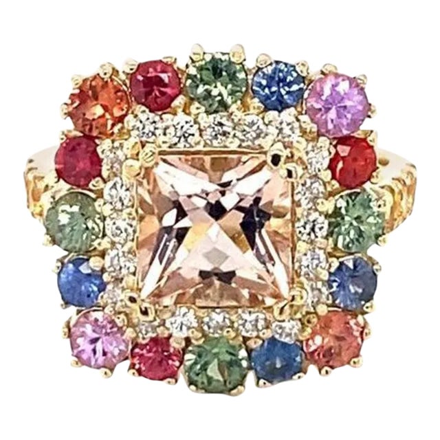 4.05 Carat Morganite Sapphire Diamond Yellow Gold Cocktail Ring Size 7 For Sale