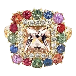 4.05 Carat Morganite Sapphire Diamond Yellow Gold Cocktail Ring Size 7