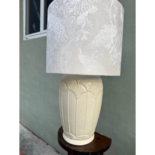 White Vintage 1940s White Art Deco Ceramic Table Lamp — Custom Peacock Silk Shade, Hollywood Regency For Sale - Image 8 of 10