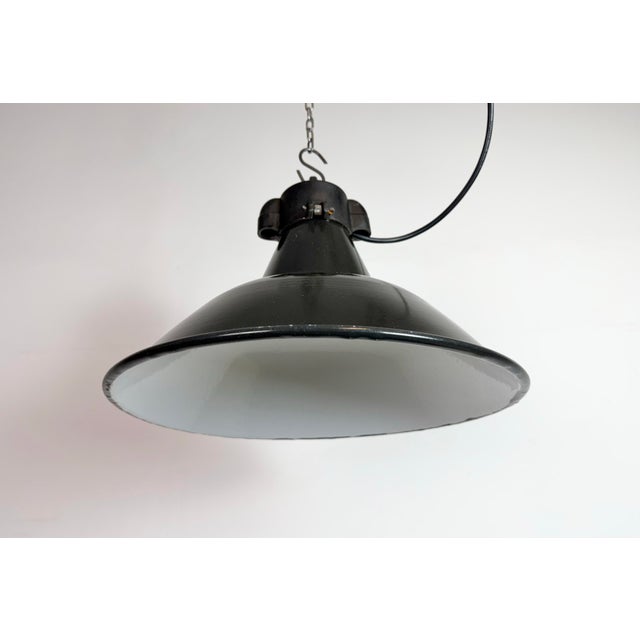 Industrial Black Enamel Pendant Lamps with Cast Iron Top, 1950s, Set of 4 For Sale - Image 13 of 18