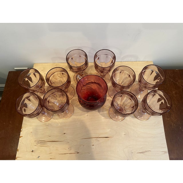 Vintage set of 8 wine/tea/water goblets/glasses and matching pitcher in Gibraltar Plum Rose/Pink. 8 0z Glasses are 6.75"...