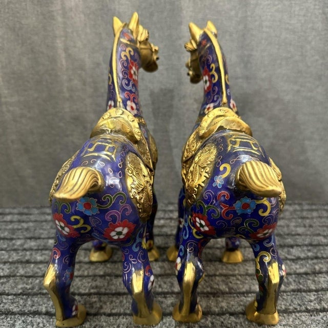 1990s Impressive Pair of Vintage Cloisonné Enamel War Horses For Sale - Image 5 of 9