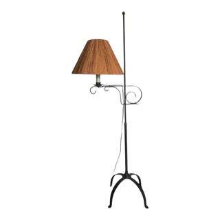 Vintage 1960s Charcoal Iron Floor Lamp With Rattan Shade For Sale