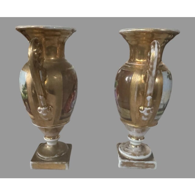 Pair of Antique Old Paris Porcelain Portrait & Scenic Gilt Decorated Miniature Cabinet 6.5" Vases In good original...