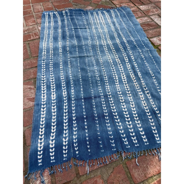 African Vintage African Faded Indigo Denim Shibori Mudcloth 58”l X 39”w Textile | No.157 For Sale - Image 3 of 6