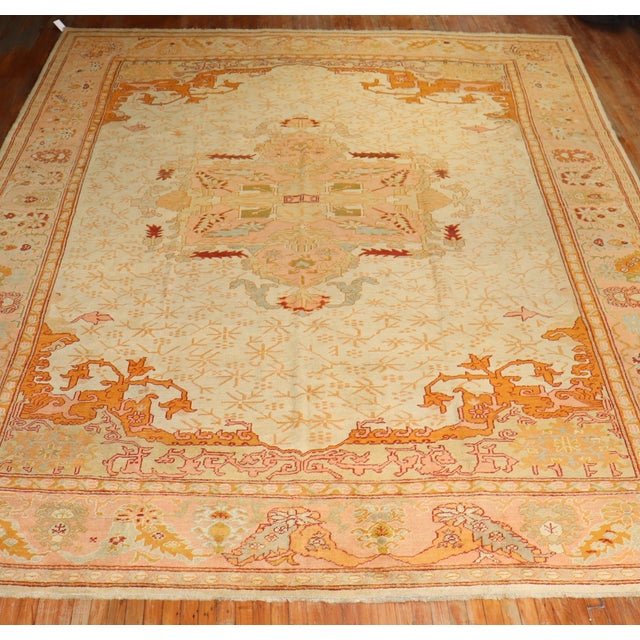 Hollywood Regency Zabihi Collection Ivory Antique Large Oushak Rug - 11'8" x 15'6" For Sale - Image 3 of 12