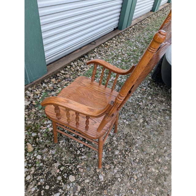 Mid-Century Carved Oak Press Back Arm Chair For Sale - Image 4 of 11