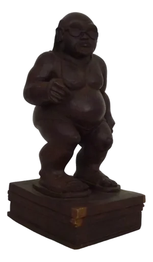 Grotesque Wood Sculpture of a Man in Sunglasses and Flip-Flops in the style of Botero, 1980s
