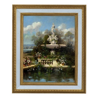 Antonio Celli, Garden with Fountain, Oil on Canvas, Framed For Sale
