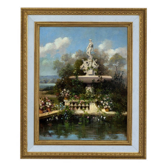 Antonio Celli, Garden with Fountain, Oil on Canvas, Framed For Sale