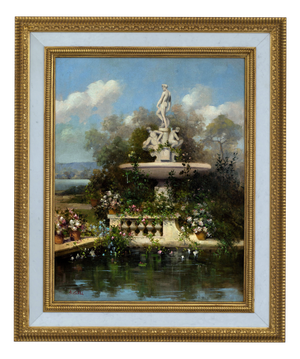 Antonio Celli, Garden with Fountain, Oil on Canvas, Framed