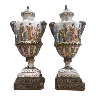 Pair of Vintage Capodimonte Style Porcelain Urns For Sale