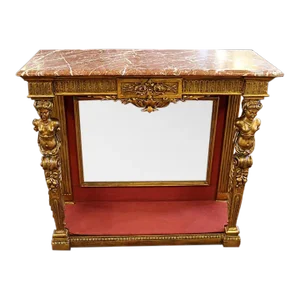 ​19th Century French Figural Gold Marble Top Mirror Back Console Table