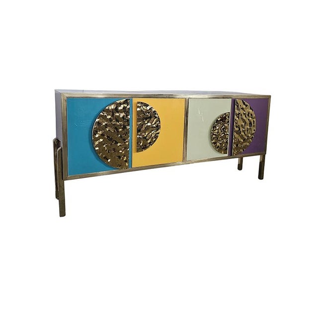 Metal Four-Door Sideboard in Colored Glass, 1980s For Sale - Image 7 of 8