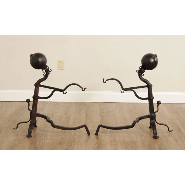 Traditional Antique 19th C. Wrought Iron Cannonball Andirons - A Pair For Sale - Image 3 of 13