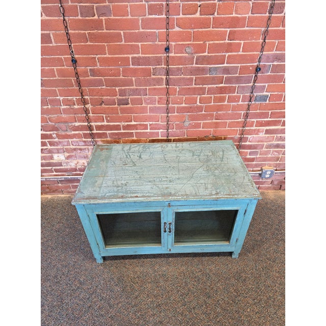 Rustic 1980s Industrial Teal Glass Door Low Cabinet For Sale - Image 3 of 6