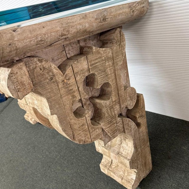 Restoration Hardware (Rh) Classical Reclaimed Teak Corbel Glass Desk & Console Table For Sale In Chicago - Image 6 of 8