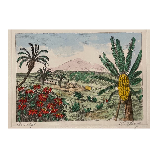Tenerife Canary Island Tropical Etching With Hand Coloring For Sale