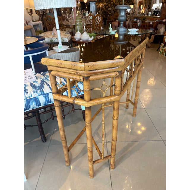 Brighton Pavilion Vintage Brighton Style Rattan Woven Cane Tortoise Demi Lune Console Table For Sale - Image 4 of 12