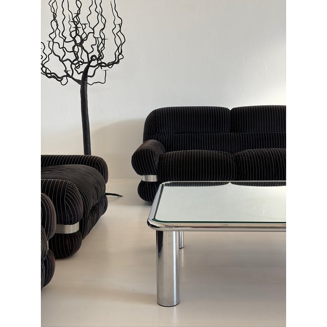 Space Age Living Room Set in Dark Blue Striped Velvet and Metal, 1970s, Set of 3 For Sale - Image 16 of 18