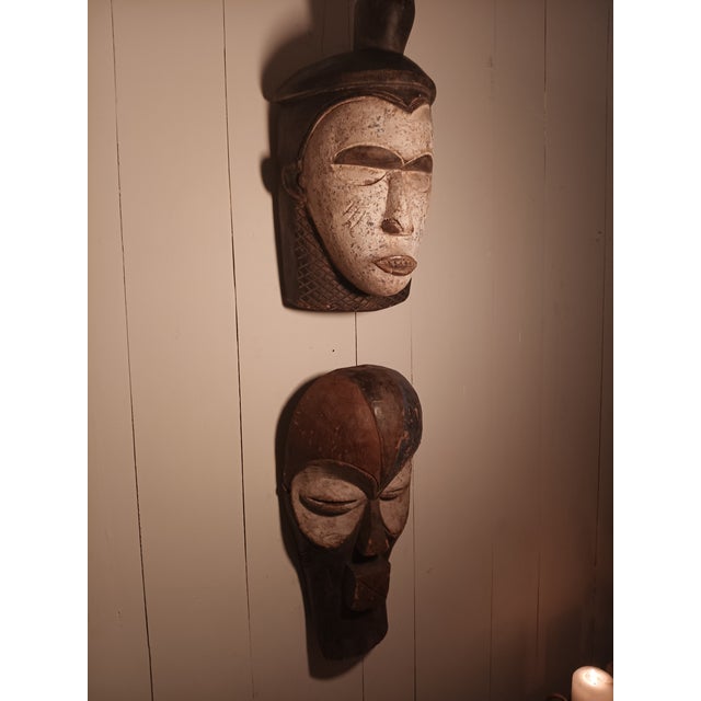 Tribal Extraordinary Vintage African Tribal Mask Pair – Dramatic Hand Carved Wall Sculptures For Sale - Image 3 of 10